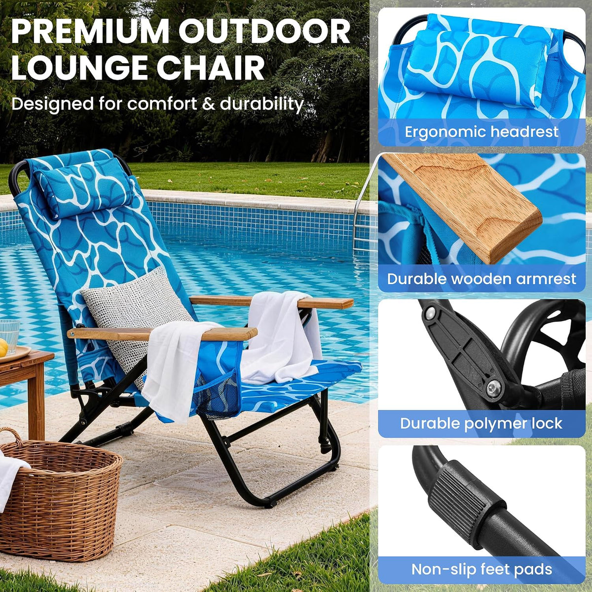 Premium Portable Camping Chair 5-Position Recliner Beach Folding Lightweight Outdoor Chair with Wooden Armrests, Headrest, Multi-Pockets Heavy Duty 350lbs, for Patio, Backyard, Ocean Wave Blue