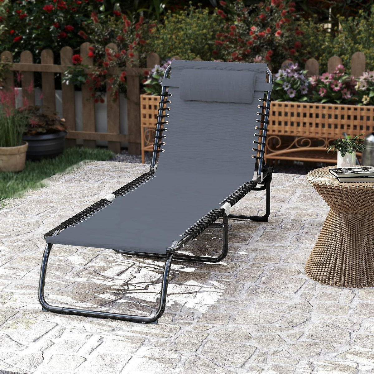 Outsunny Folding Chaise Lounge Chair Outdoor Mesh Seat Gray