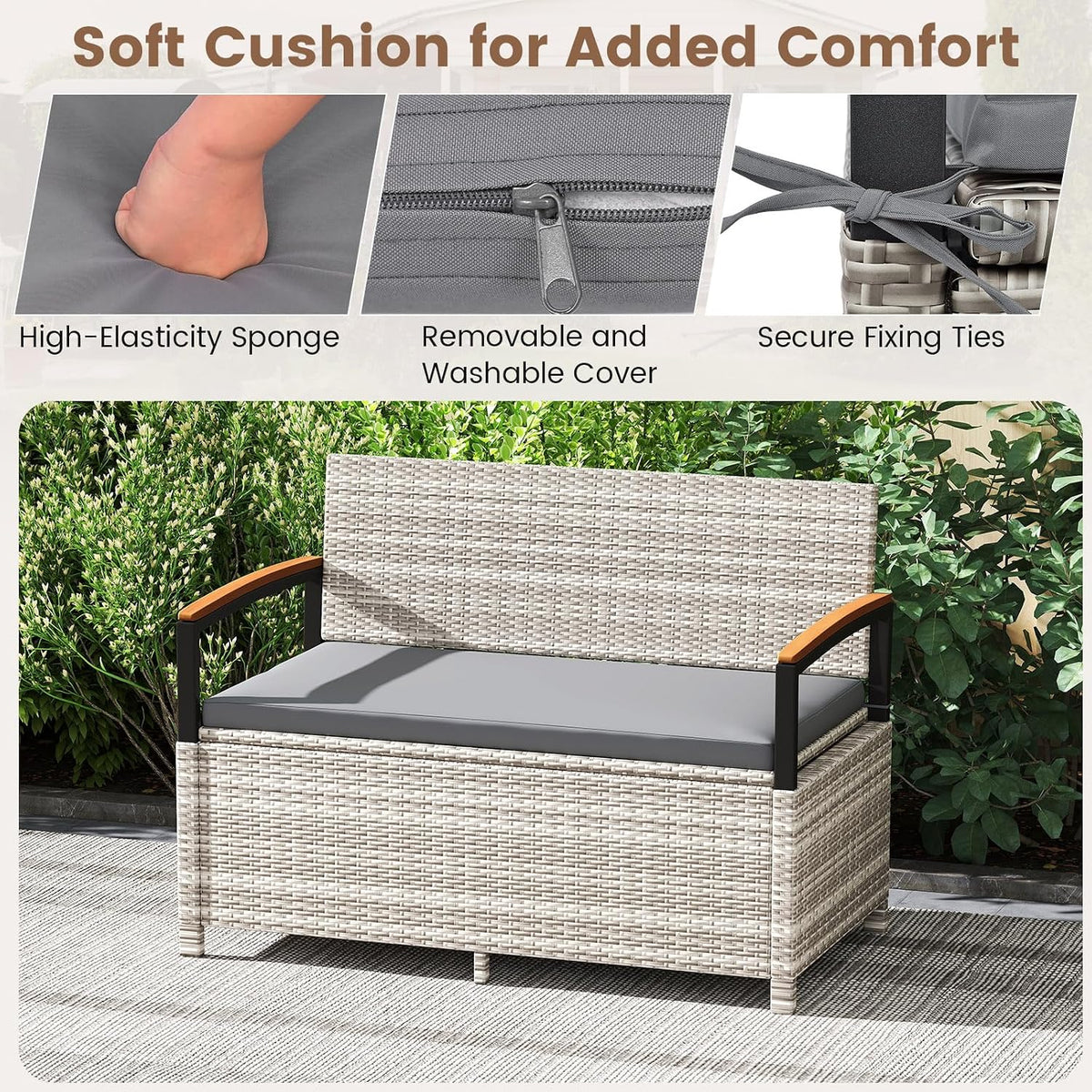 RELAX4LIFE Wicker Outdoor Storage Bench, Rattan Deck Box