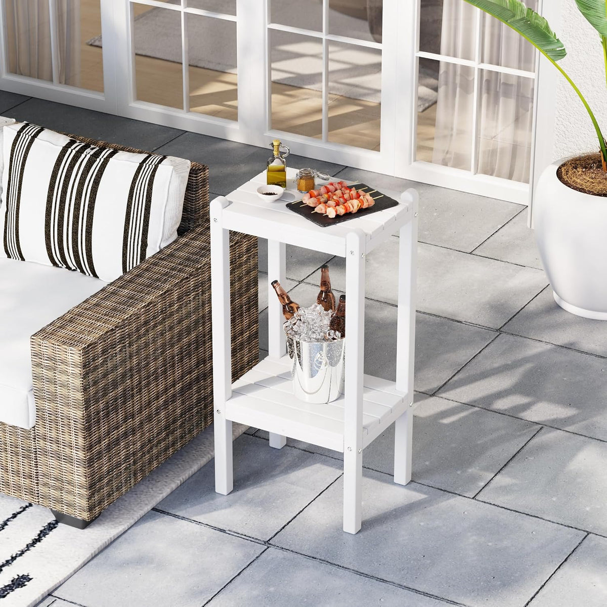 Costaelm Outdoor Side Table, 2-Tier Small Patio Coffee Tables for Outside, Outdoor End Tables for Patio, Adirondack Side Table for Outside, Outside Table for Pool, Porch, Garden, White
