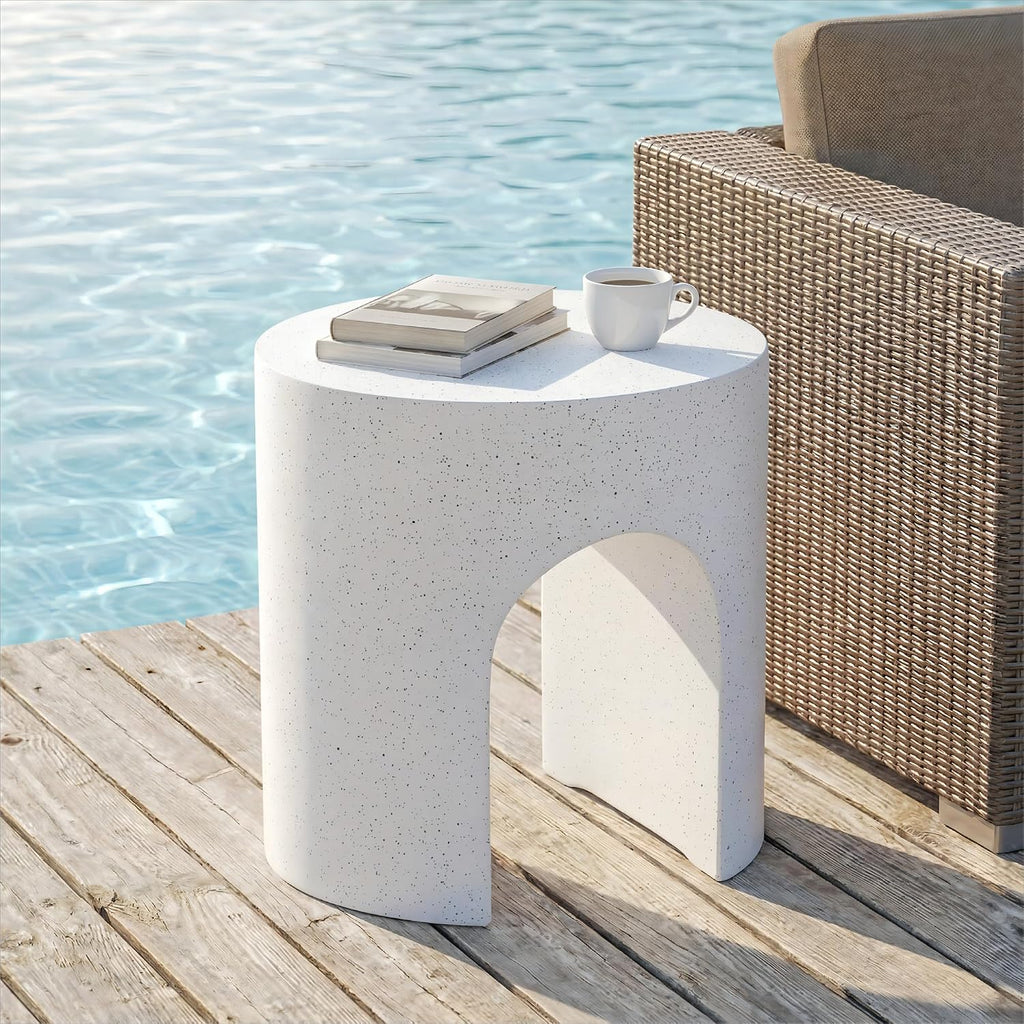 SUNBURY Outdoor Side Table, 16" W Concrete End Table Round w Arch Pedestal