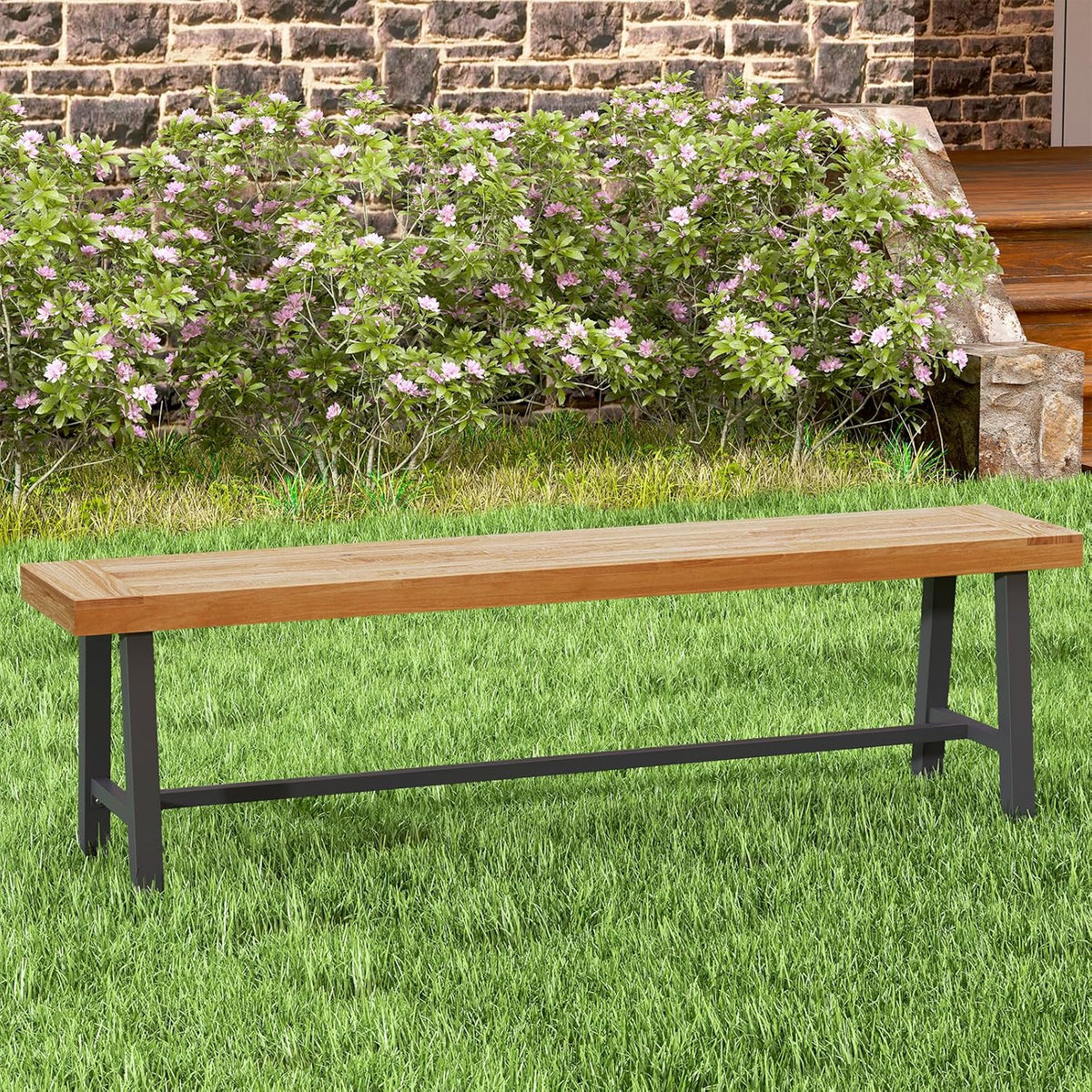 Outdoor Bench Garden Bench Set of 2, 63" Backless Acacia Wood Bench with Heavy-Duty Metal Legs, Patio Dining Bench Front Porch Benches for Outside, Yard & Garden