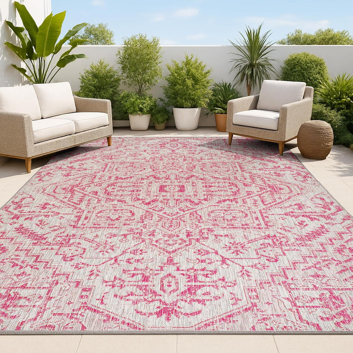 JONATHAN Y Boho Medallion Indoor Outdoor Area Rug 4X6 Light Gray/Fuchsia, Estrella Textured Weave for Backyard, Patio, Porch, Easy-Cleaning, High Traffic, Pet-Friendly, Non-Shedding (SMB105F-4)