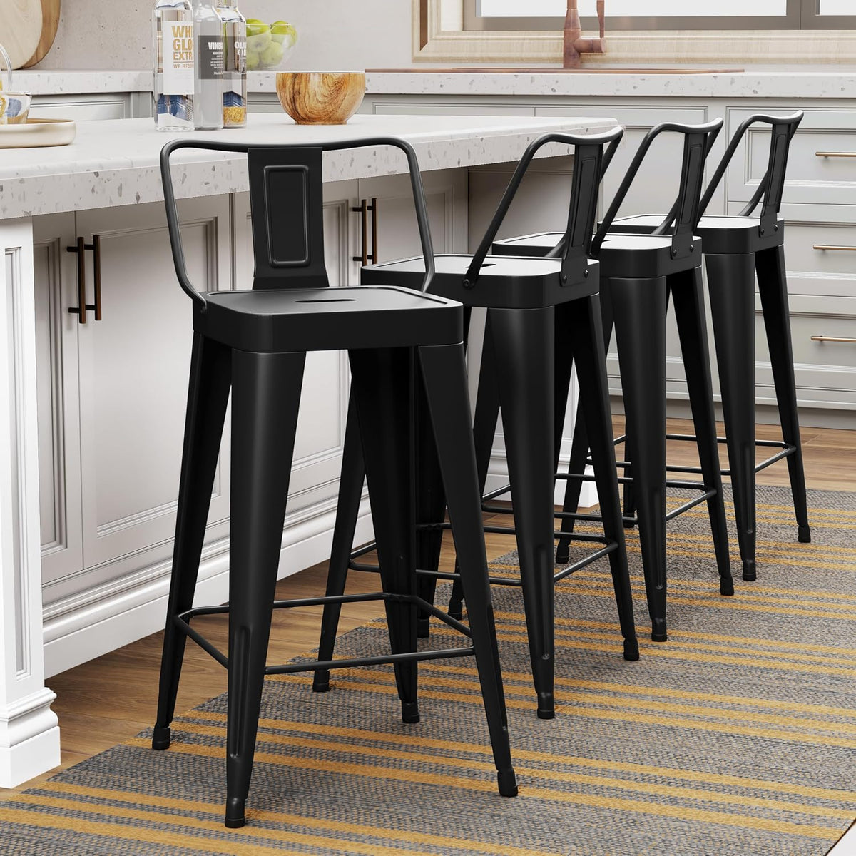 WENTMENT Metal Bar Stools Set of 4 Counter Height Black Barstools with Removable Back 24" Kitchen Bar Stools