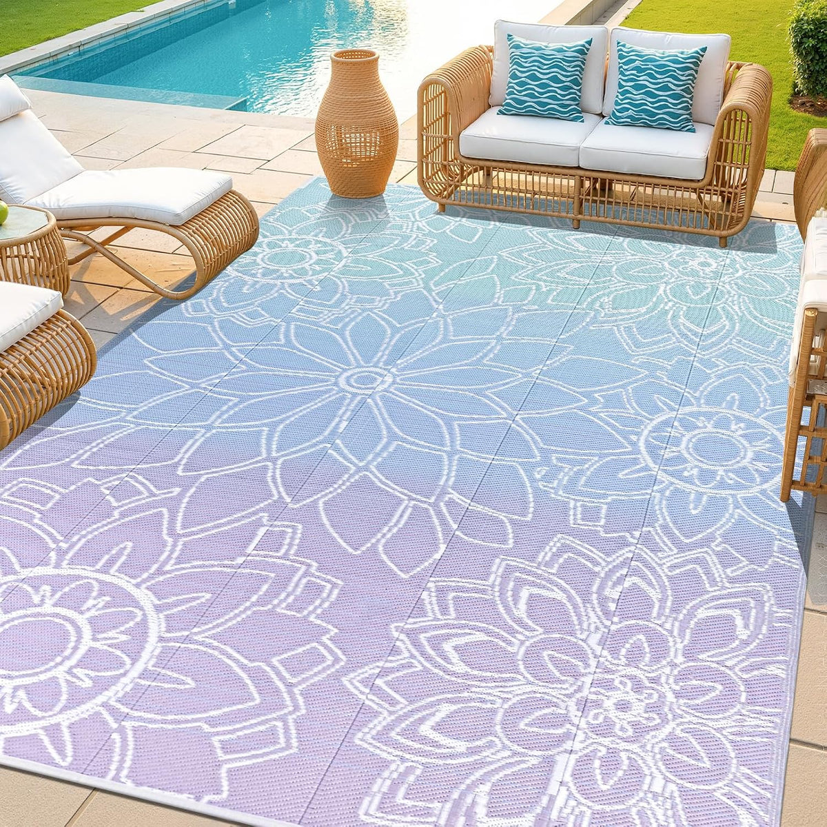 LOKHOM Outdoor Rug for Patio 6x9 ft Reversible Plastic Straw Patio Camping Rug, Floral Waterproof RV Mat for Camper Indoor Outdoor Carpet for Deck Porch Picnic Beach Balcony Backyard, Blue-Purple