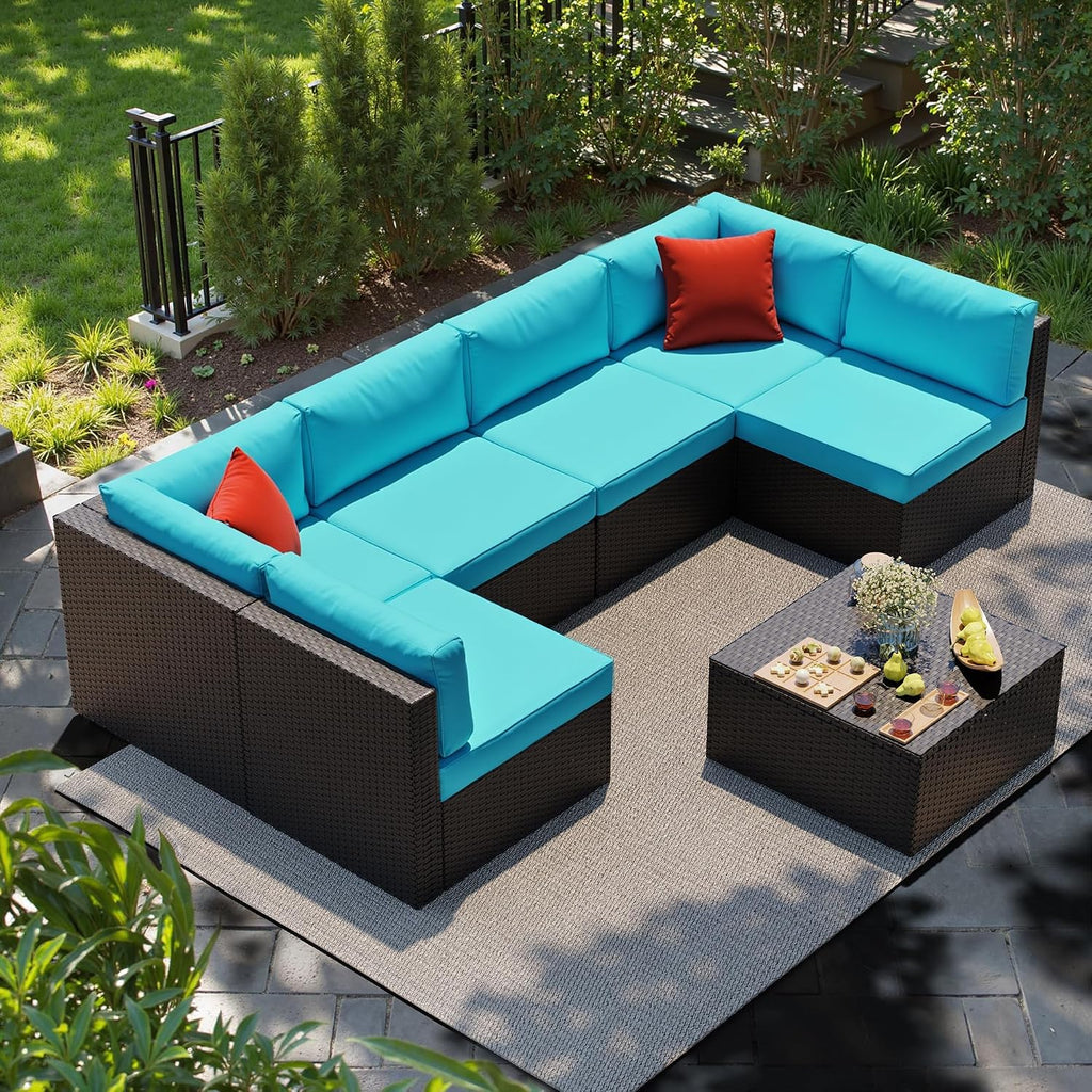 Shintenchi 7 Pieces Patio Furniture Sets Outdoor All-Weather Sectional Patio Sofa Set PE Rattan Manual Weaving Wicker Patio Conversation Set with Glass Table&Ottoman Cushion and Red Pillows, Blue