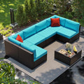 Shintenchi 7 Pieces Patio Furniture Sets Outdoor All-Weather Sectional Patio Sofa Set PE Rattan Manual Weaving Wicker Patio Conversation Set with Glass Table&Ottoman Cushion and Red Pillows, Blue