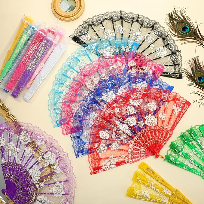Geetery 30 Pcs Folding Hand Fan for Line Dancing Spanish Boots on the Ground Fans Gifts Bulk Colorful Silk Popping Rave for Women Tea Party Wedding Church Halloween Costume(Lace,Mixed Colors)
