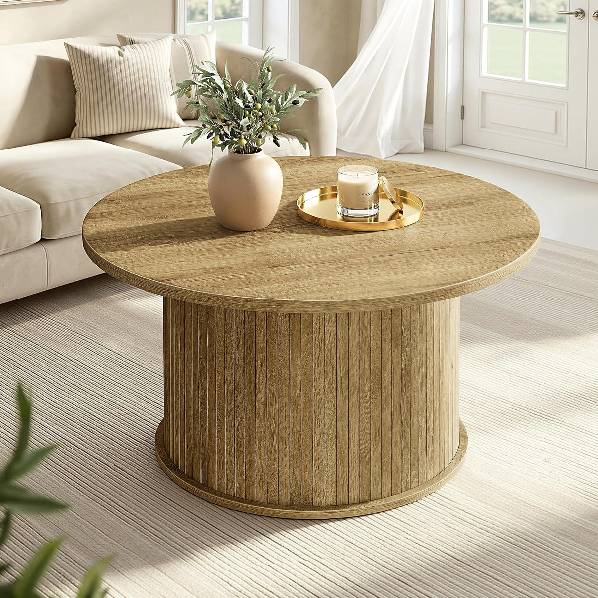 VASAGLE Round Coffee Table, Living Room Table with Tambour Design