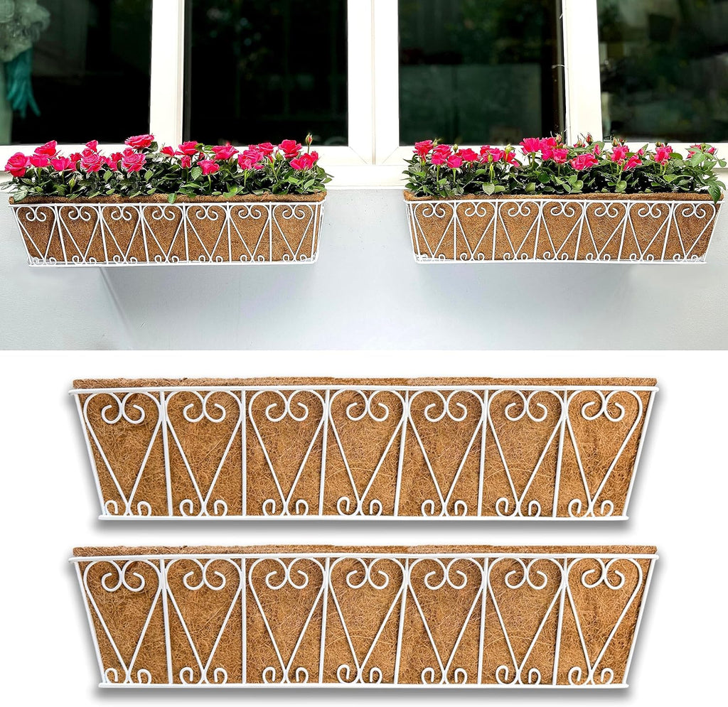 LaLaGreen Wall Hanging Planter - 2 Pack, 30 Inch Deck Railing Planter, Window Flower Boxes Basket Outdoor White Deck Railing Hanging Pot Coco Liner Metal Plant Holder Fence Planter Balcony Patio Porch