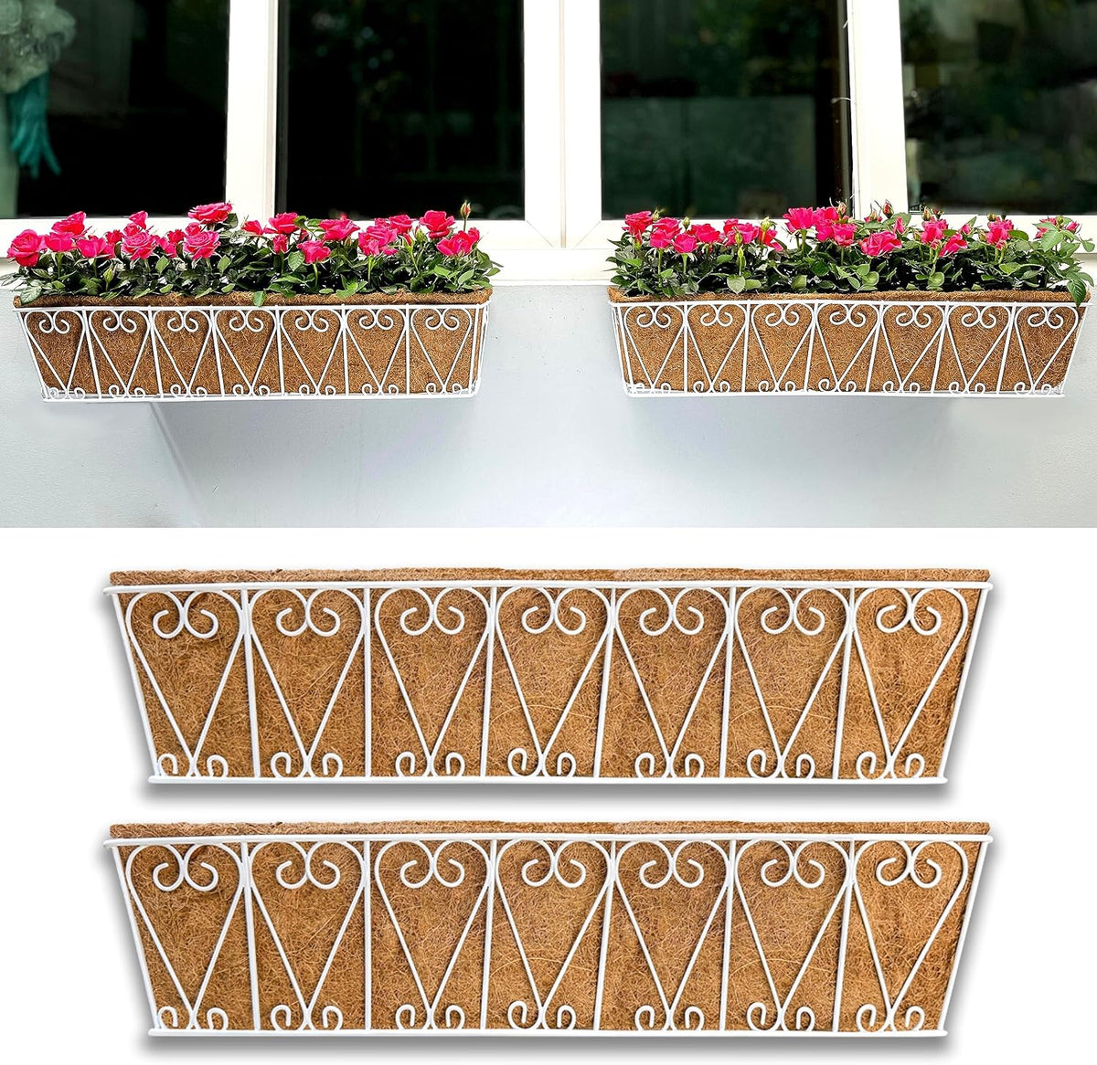 LaLaGreen Wall Hanging Planter - 2 Pack, 30 Inch Deck Railing Planter, Window Flower Boxes Basket Outdoor White Deck Railing Hanging Pot Coco Liner Metal Plant Holder Fence Planter Balcony Patio Porch