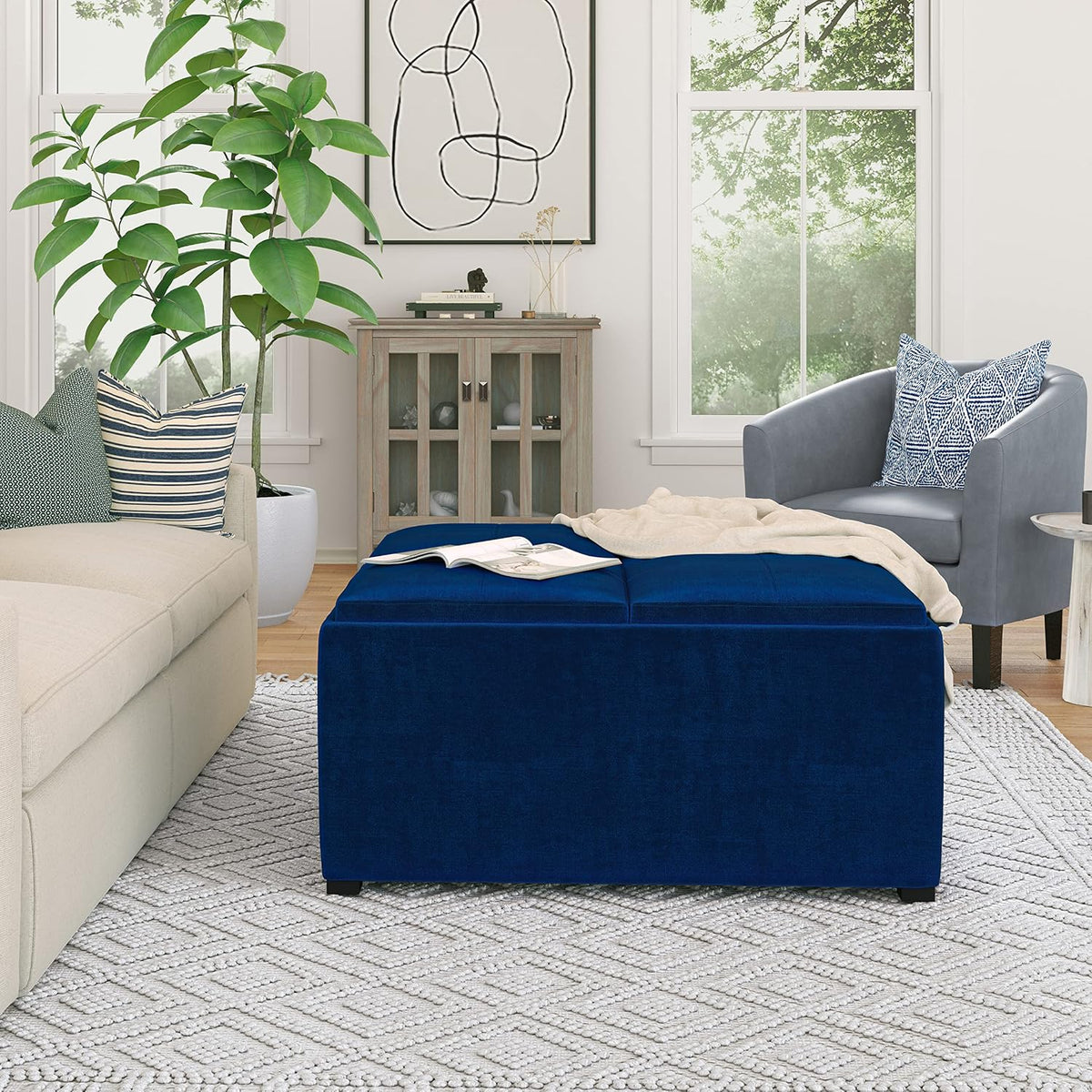 SIMPLIHOME Avalon 35" Wide Velvet Square Storage Ottoman in Blue
