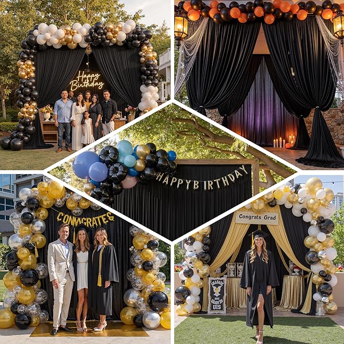 PartyVillage 10ft×15ft Black Backdrop Curtain for Halloween Parties, 2 Panels Wrinkle Free 15 FT Long Polyester Photo Backdrop Drapes Back Drop Cloth for Birthday Photography Background