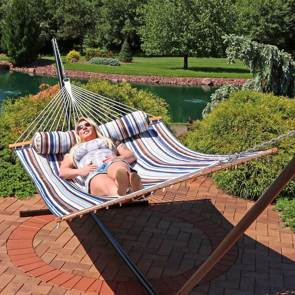 Sunnydaze Quilted Double Hammock for Outside with Pillow, Ocean Isle