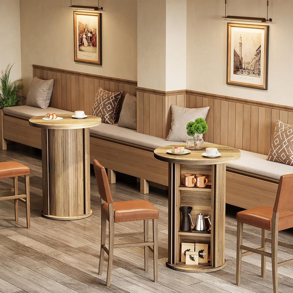 Tribesigns Round Bar Table, 35.4" Rustic Cocktail Table with 3-Tier Hidden Storage Shelves, High Top Bistro Pub Table with Slide Door for Small Spaces, Kitchen, Parties (1, Brown)