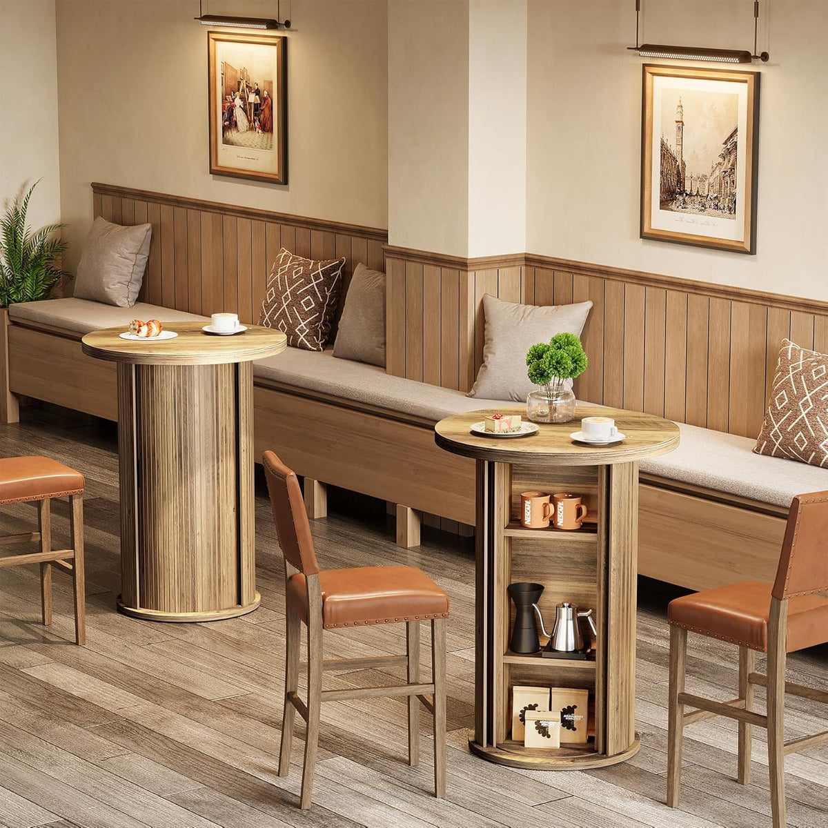 Tribesigns Round Bar Table, 35.4" Rustic Cocktail Table with 3-Tier Hidden Storage Shelves, High Top Bistro Pub Table with Slide Door for Small Spaces, Kitchen, Parties (1, Brown)