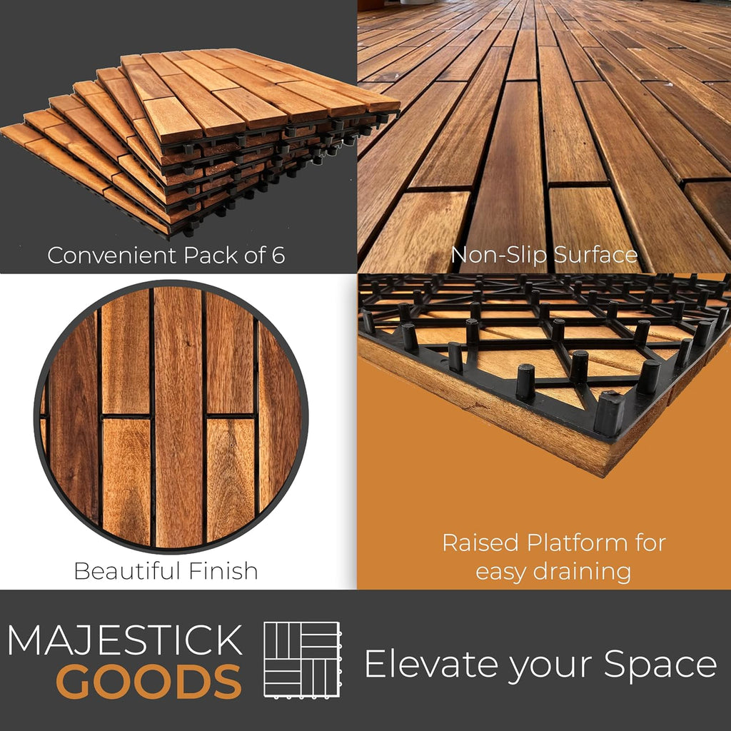 Majestick Goods 6-Pack Longboard Acacia Wood Interlocking Deck Tiles
