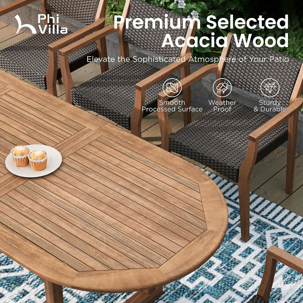 PHI VILLA Outdoor Dining Set for 6, Expandable Acacia Wood Table & Chairs