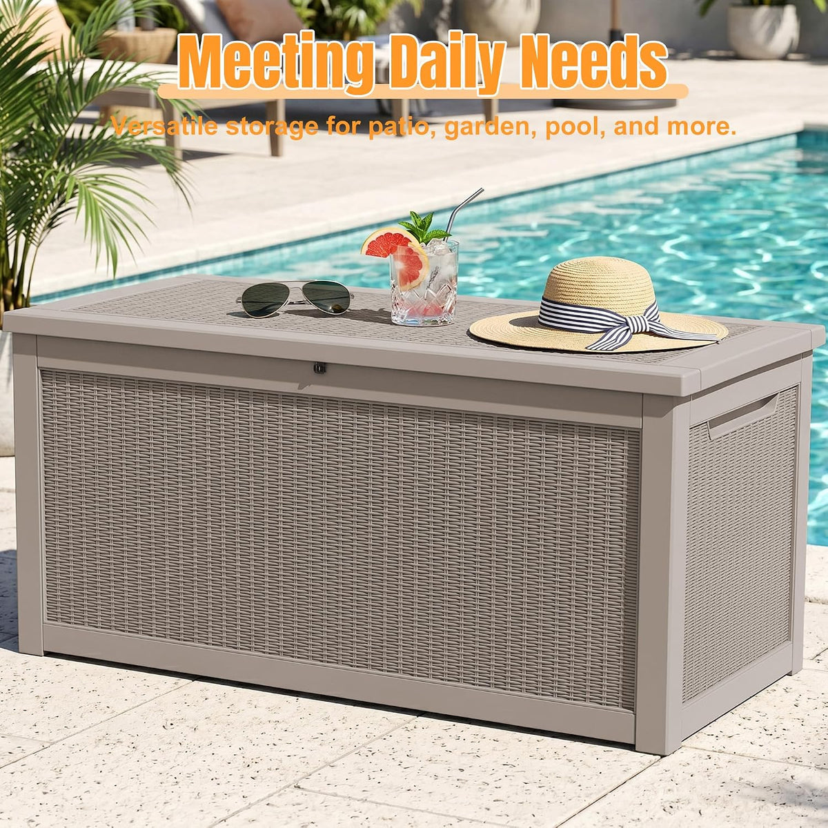 Outdoor Storage Box, 380 Gallon Waterproof Resin Deck Box with Support Rod