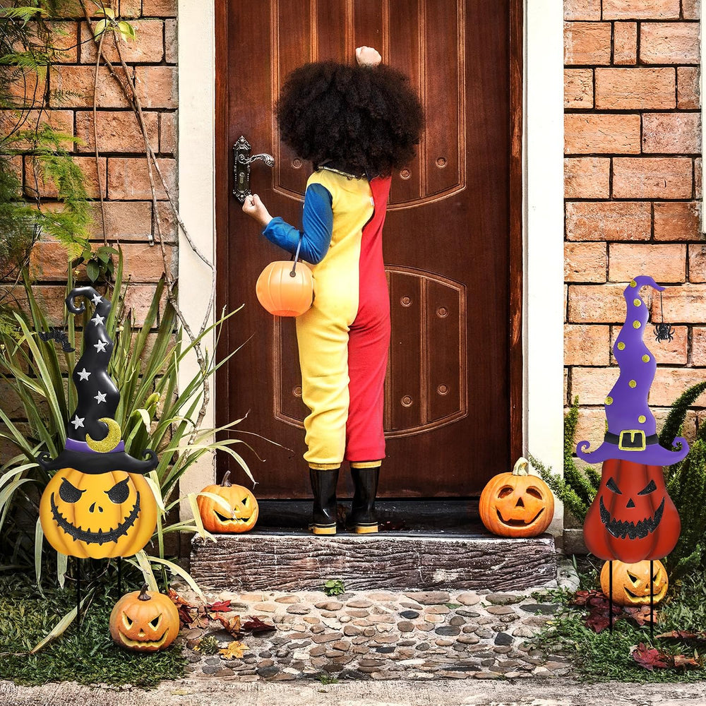 Halloween Garden Stakes - 2 Pack Stacked Metal Pumpkins with Witch Hat