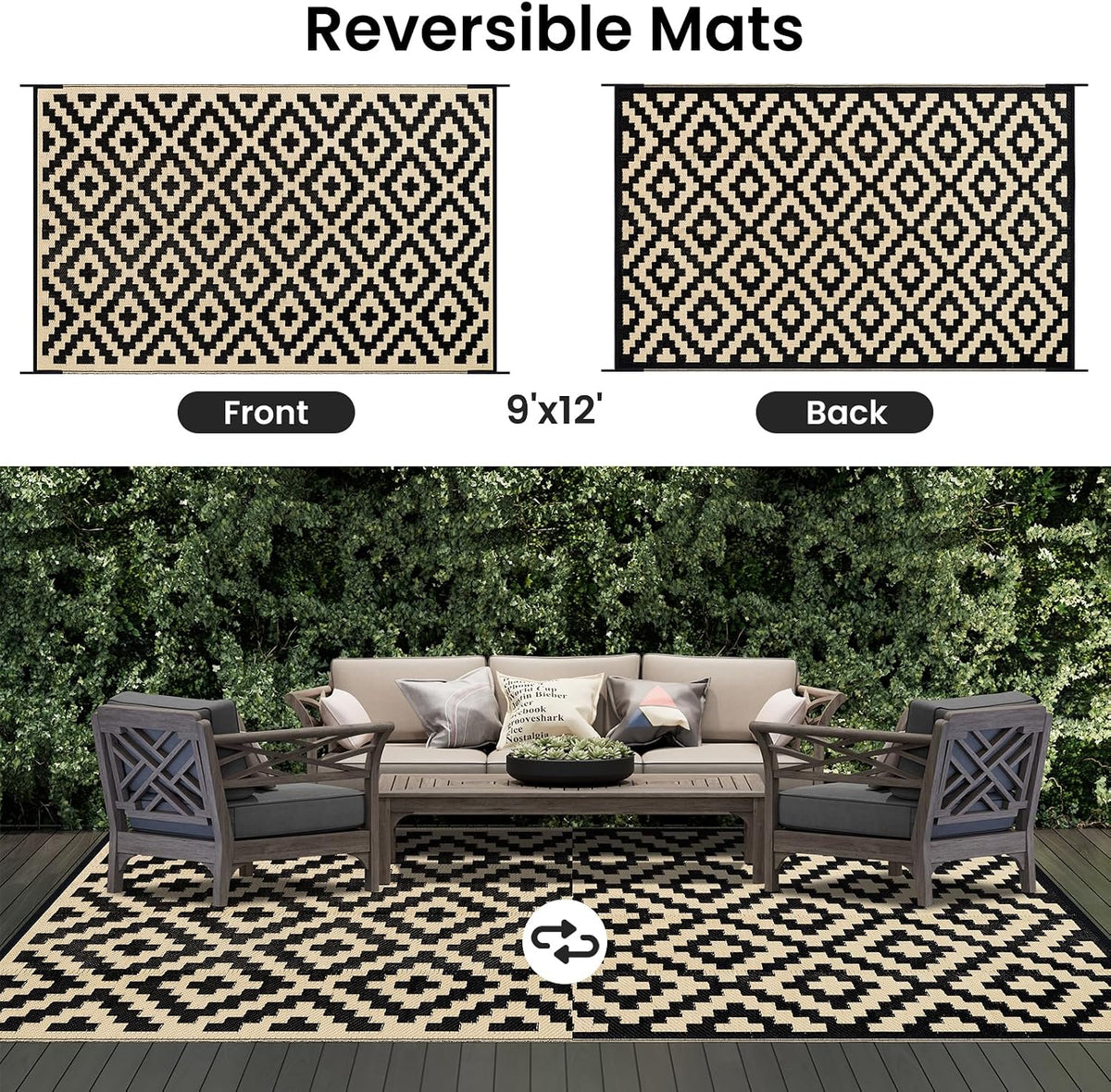 Smiry Outdoor Rug 9x12 ft Waterproof Reversible Boho Mat, Black & Beige