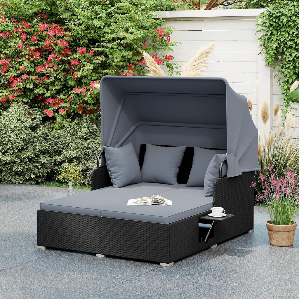 dreamade outdoor daybed with canopy, 2 person rattan on a desk or shelf