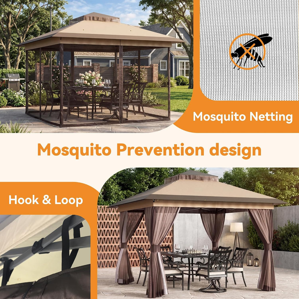 Covered Outdoor Pop Up Gazebo 11'x11' Canopy Tent, Outdoor Gazebo with Double Ventilated Roof, Waterproof UV Protection Pop Up Canopy with Mosquito Netting, Portable Party Tent with Backpack