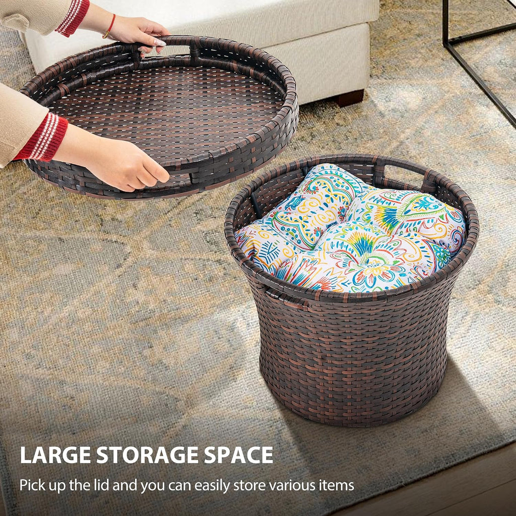 Sundale Outdoor Wicker Side Table with Storage, Patio Rattan End Table