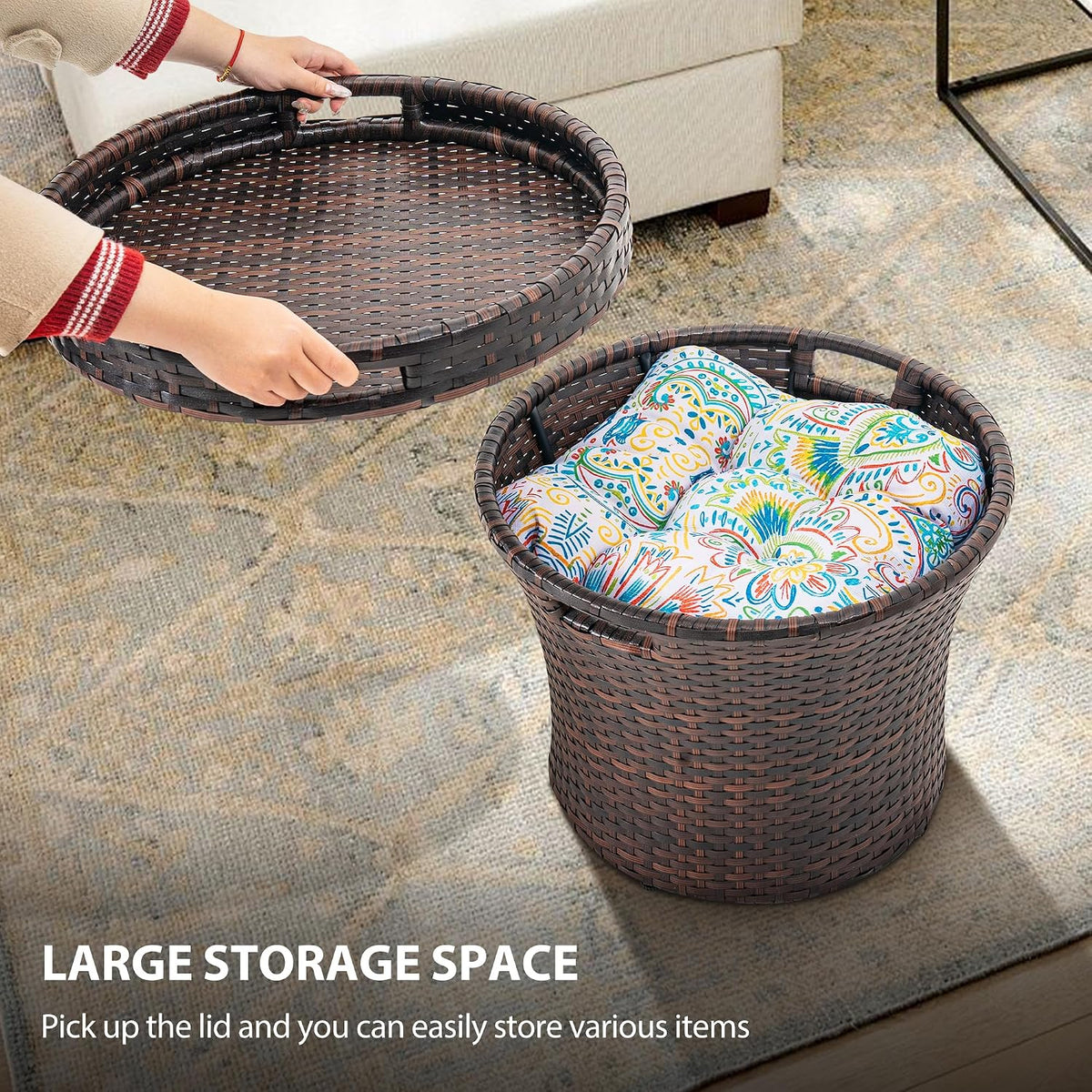 Sundale Outdoor Wicker Side Table with Storage, Patio Rattan End Table