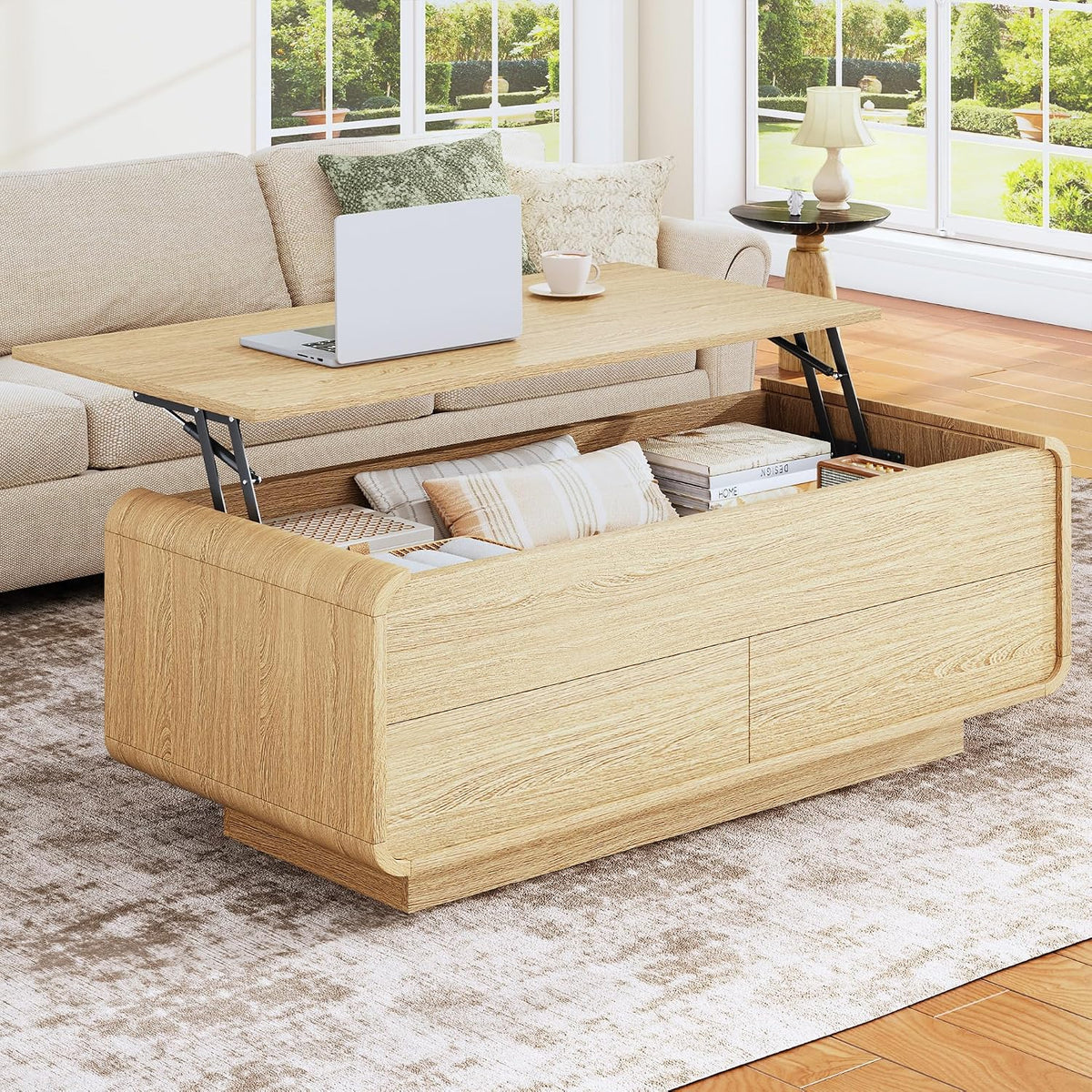 HUAHUU Lift Top Coffee Table with Storage, 2-Tier Center Table with 2 Drawers, Curved Profile Design, Wooden Rectangular Living Room Table, Modern Coffee Table for Living Room, Office, Natural Oak