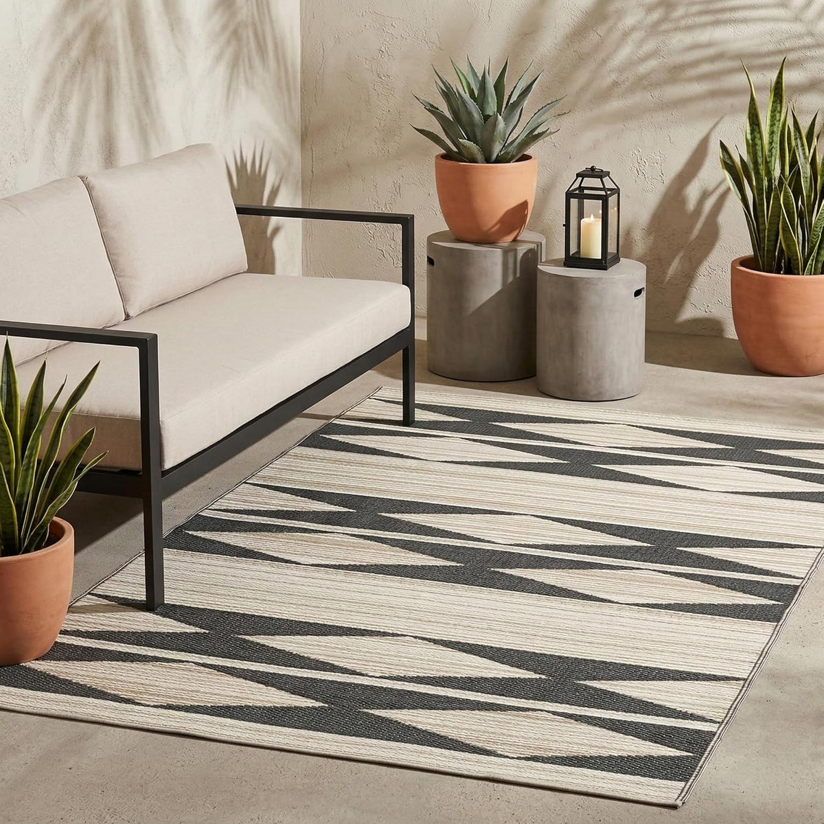 Fab Habitat Outdoor Rug - Waterproof, Fade Resistant, Crease-Free - Premium Recycled Plastic - Neutral Geometric Tribal - Patio, Porch, Deck, Balcony - Cairo - Natural & Black - 5 x 8 ft