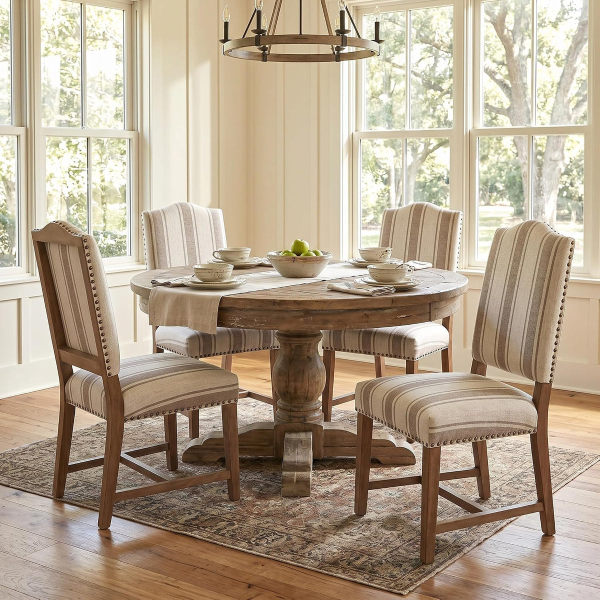 ROCITY Linen Dining Chairs Set of 6 Upholstered Farmhouse Dining Room Chairs Kitchen Side Chairs with Wooden Legs&Nailhead Trim, Beige with Stripe