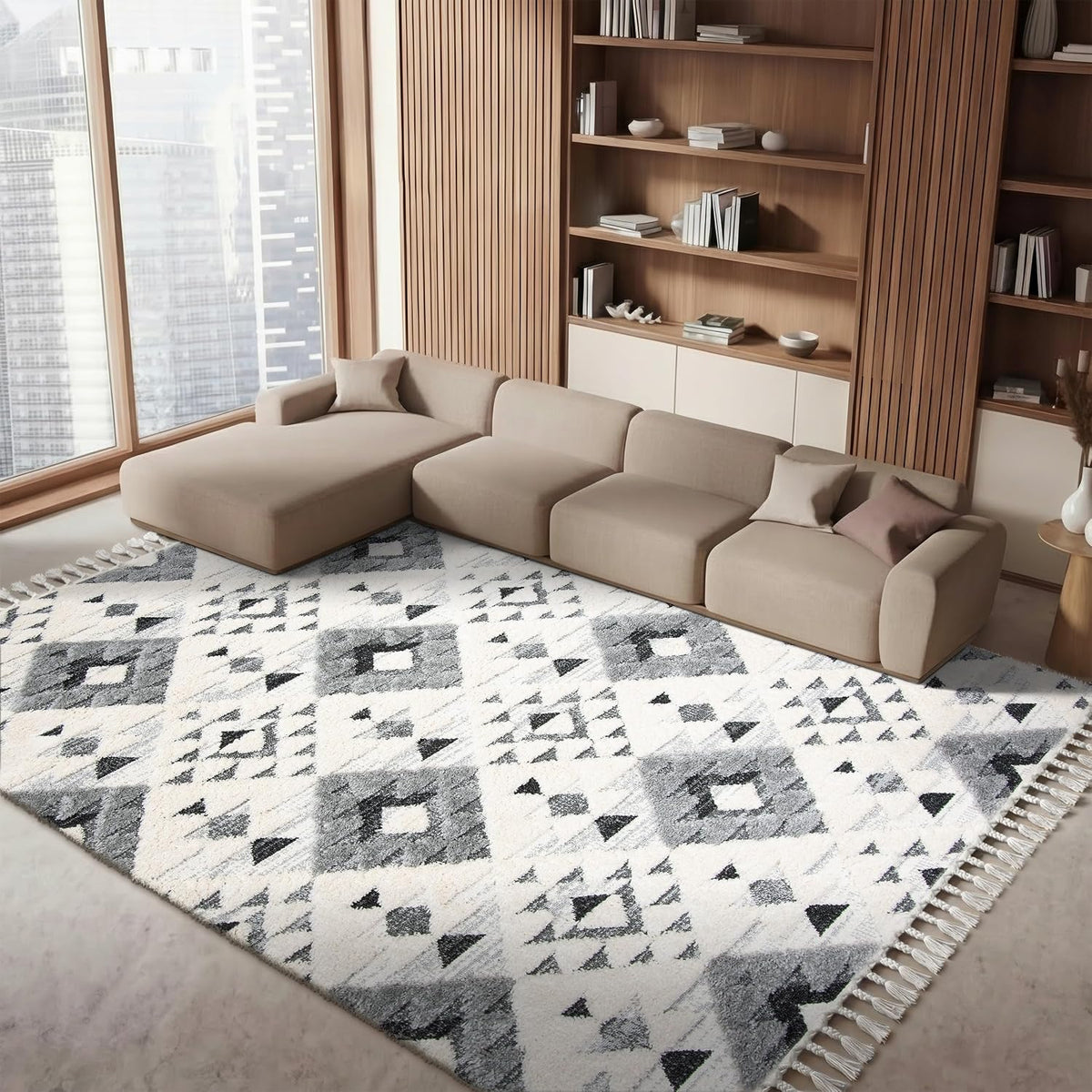 SAFAVIEH Area Rug 9x12 - Moroccan Tassel Shag Collection - Large - Ivory & Grey, Non-Shedding & Easy to Clean, Plush High-Low Texture, Ideal for Living Room, Bedroom, Dining Space (MTS688F)