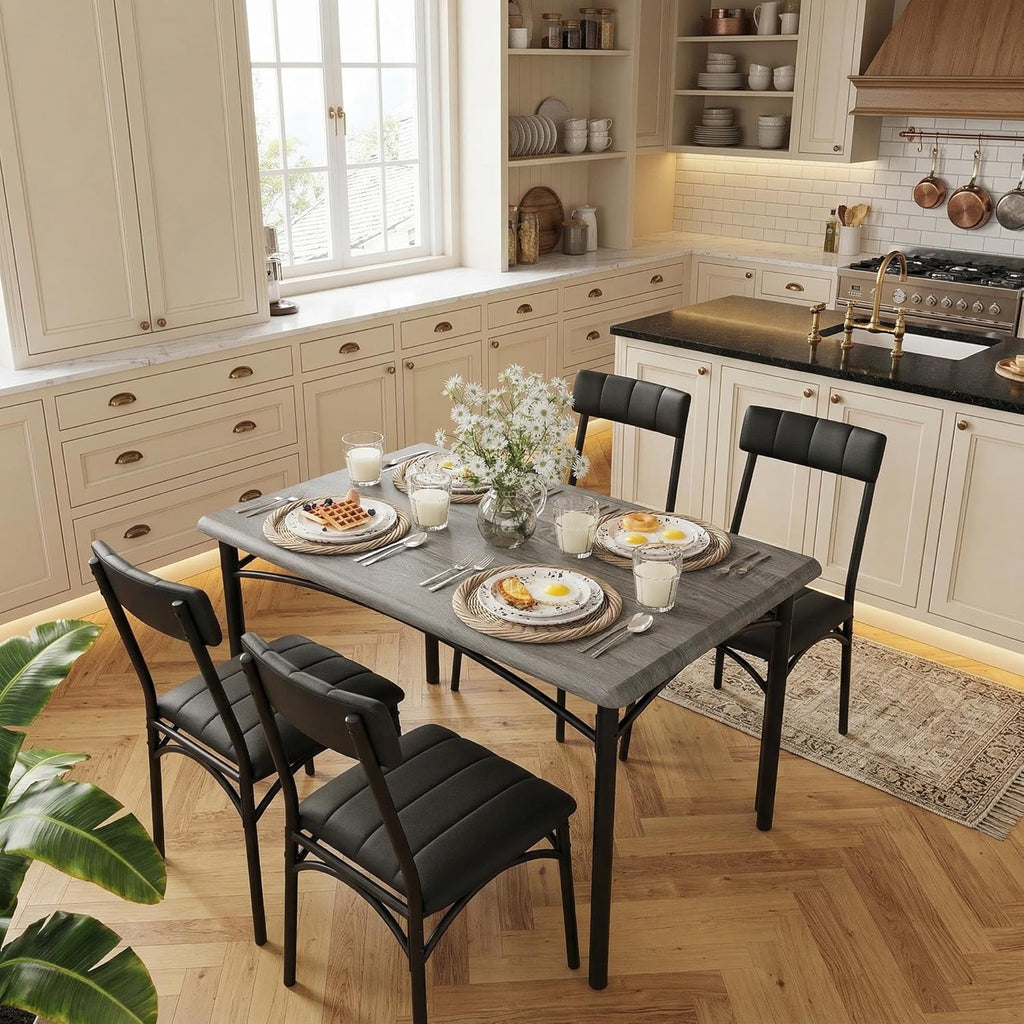 IDEALHOUSE Dining Table Set for 4, Kitchen Table and Chairs for 4 with Upholstered Chairs, 5 Piece Rectangular Kitchen Table Set, Dining Room Table Set for Small Space, Apartment, Retro Gray