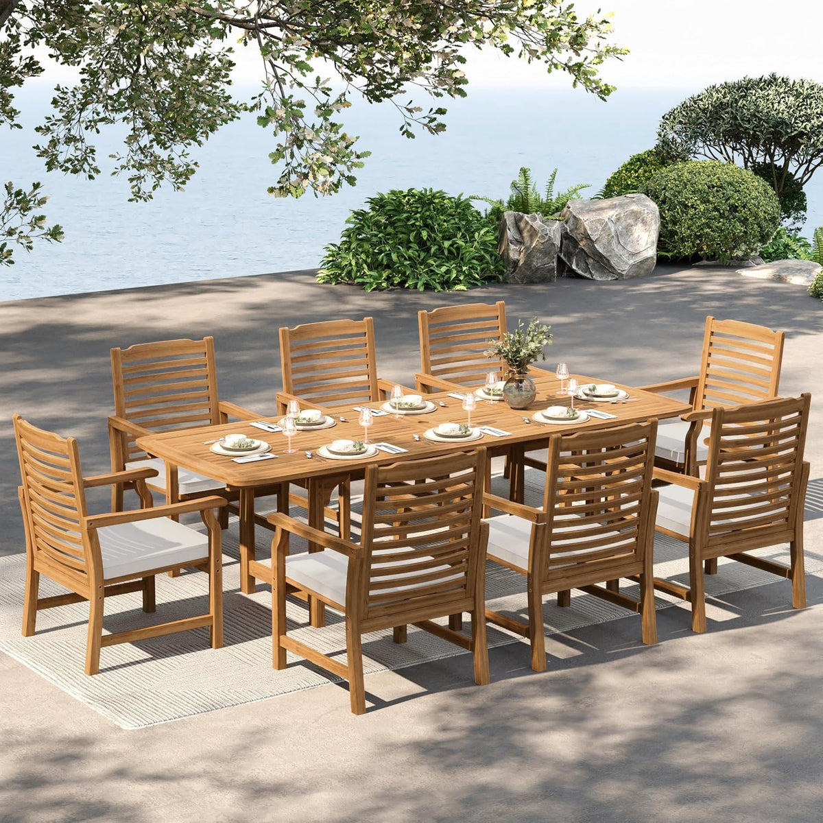 MFSTUDIO 9pc Outdoor Dining Set, Expandable Wood Table w/Umbrella Hole