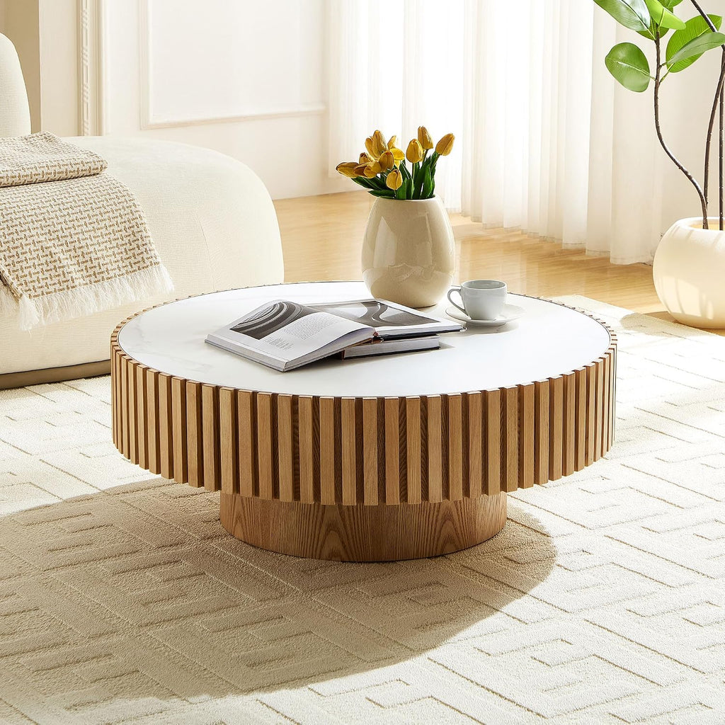 35.43" Oak Round Wood Coffee Tables with Faux Marble White Sintered Stone Tabletop, Contemporary Modern Farmhouse Boho Fluted Drum Circle Wooden Pedestal Center Table for Living Room Apartment Natural