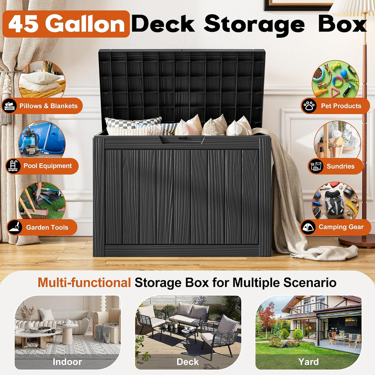 Outdoor Deck Storage Box,Resin Deck Boxes Indoor and outdoor, Waterproof Storage Box Lockable Lid (Black,45 Gallon)
