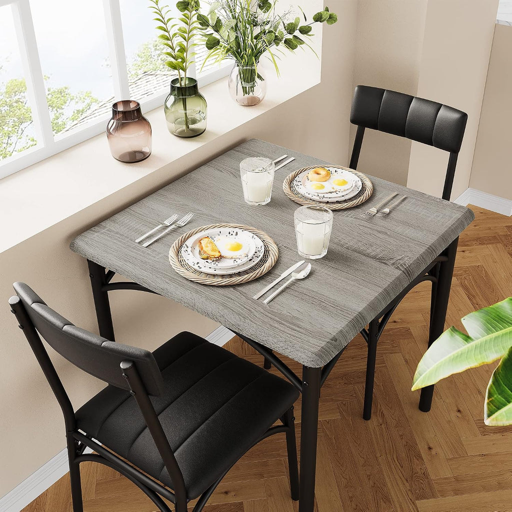 Amyove Modern Rustic Gray Square Dining Set, 29.2' L x W 30.1' H Table, 33.7' 18.4' 17' Chairs, 2 Person, Metal & MDF, Easy Assembly, Space-Saving