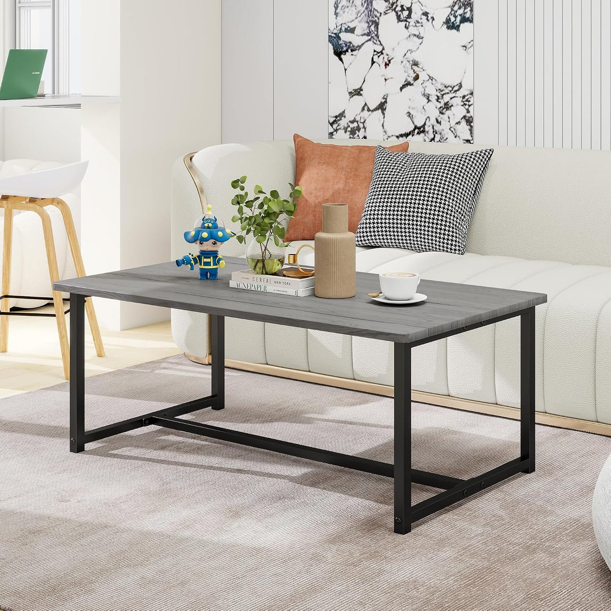 35.4" Rectangular Coffee Table for Living Room, Modern Industrial Style Coffee Table Center Table with Metal Frame for Small Space, Apartment, Office, Easy Assembly, Grey