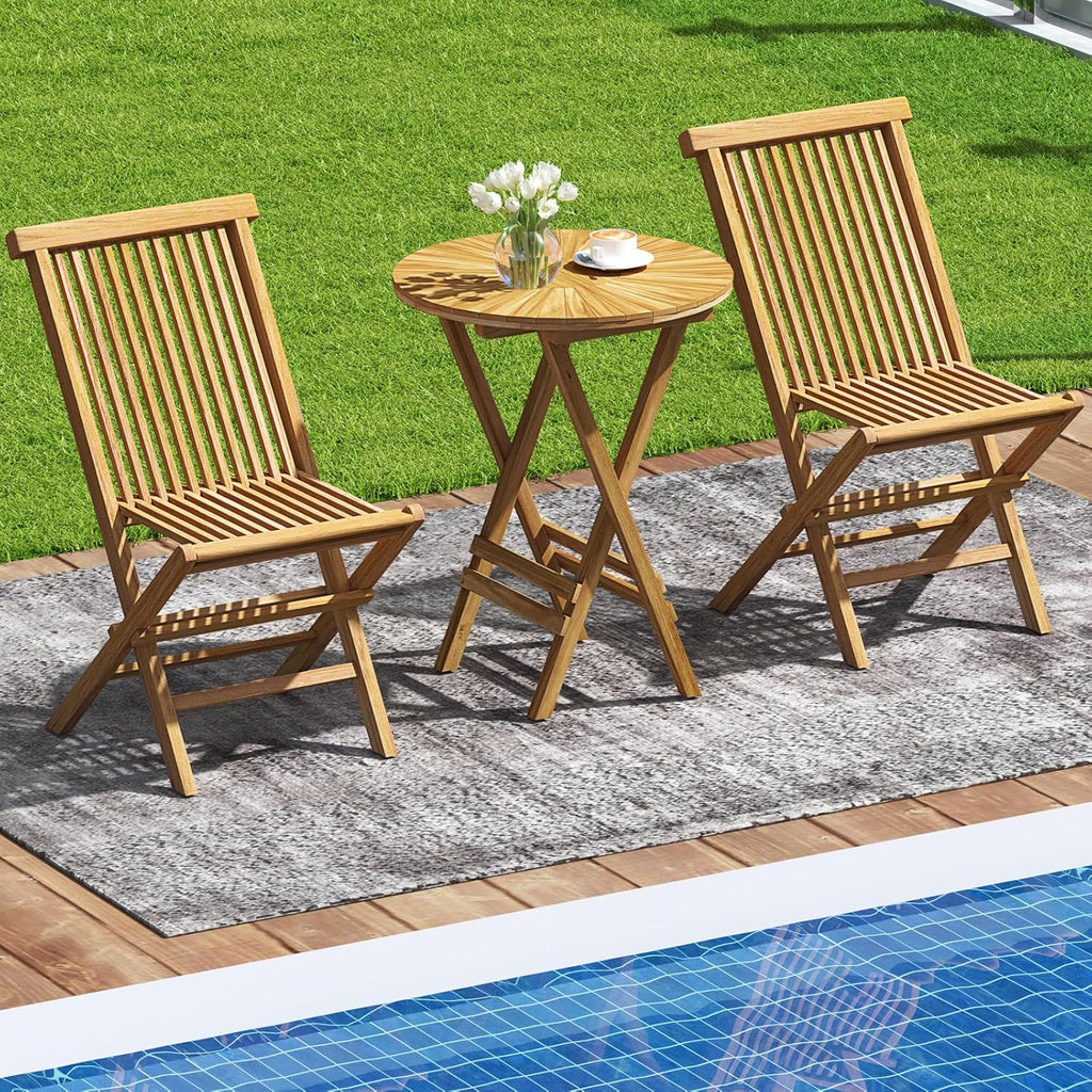 Tangkula Patio Folding Side Table, 23.5" Teak Wood Round End Table with Slatted Tabletop & X-Shaped Frame, Portable & Compact Bistro Table for Backyard, Poolside, Garden, Fully Assembled, Natural