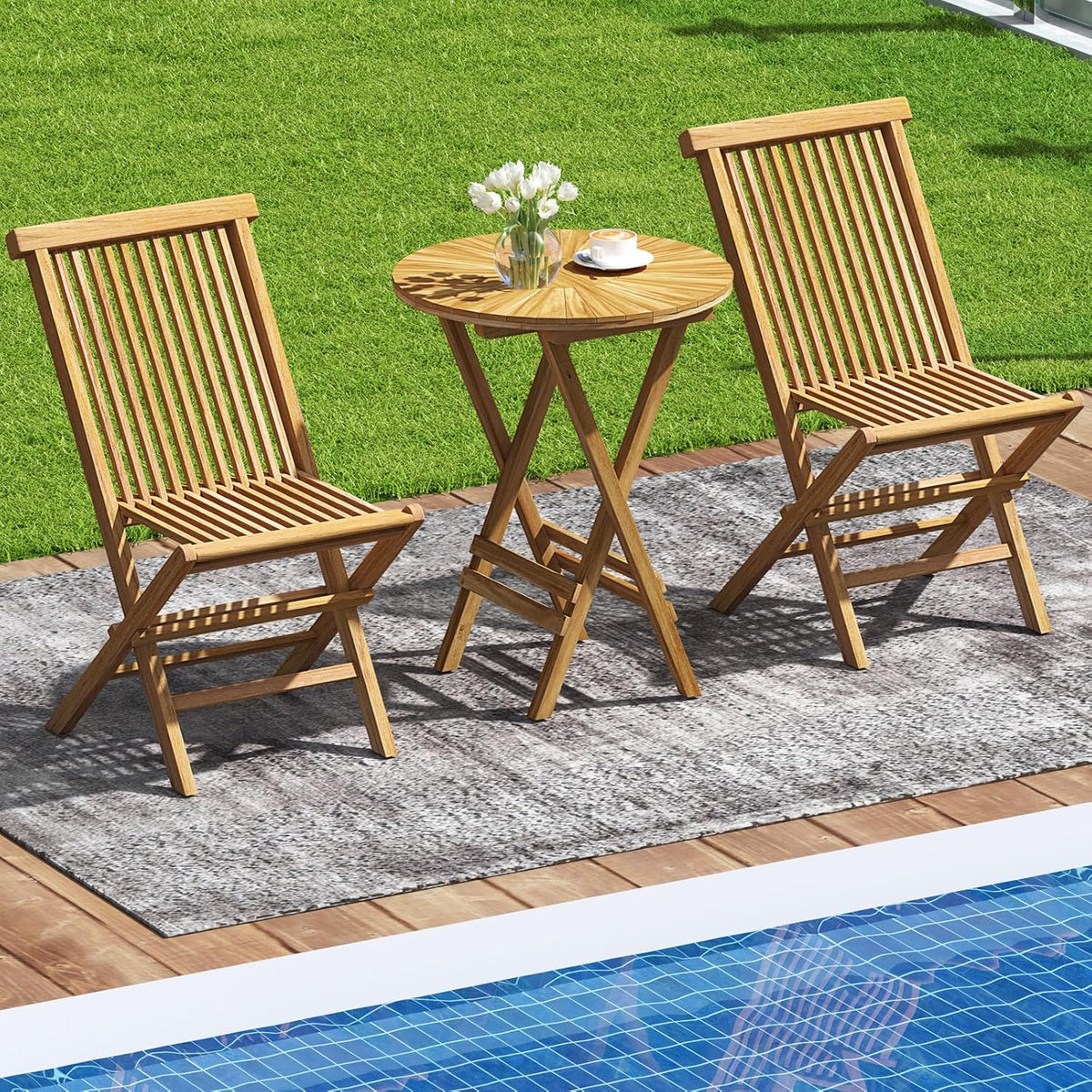 Tangkula Patio Folding Side Table, 23.5" Teak Wood Round End Table with Slatted Tabletop & X-Shaped Frame, Portable & Compact Bistro Table for Backyard, Poolside, Garden, Fully Assembled, Natural