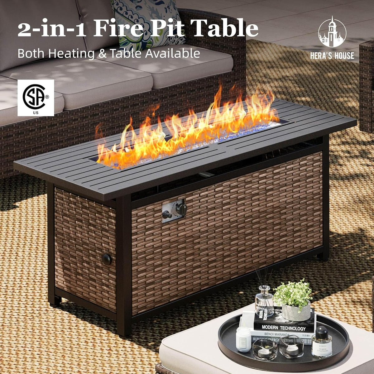 HERA'S HOUSE Swivel Glide Patio Furniture Set with Fire Pit Table Wicker