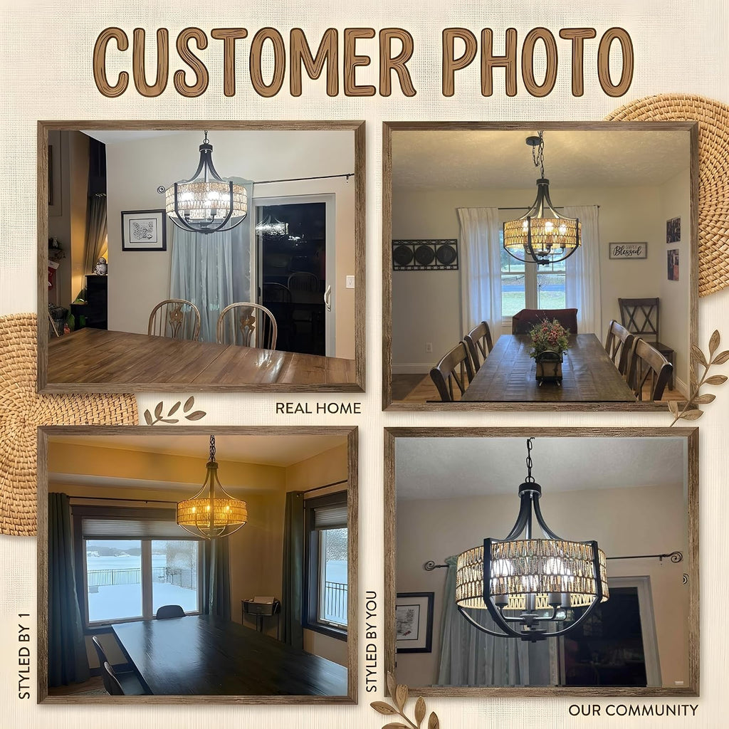 20" Rattan Chandelier, 5-Light Black Farmhouse Pendant Light