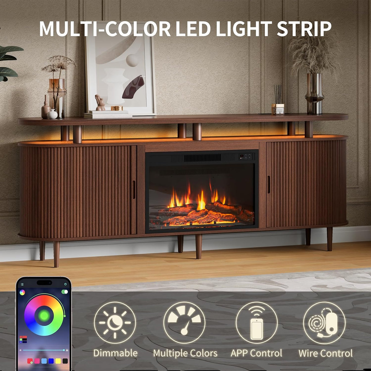 DHH 70" Fluted Fireplace TV Stand for TVs Up to 80",Mid Century Modern Entertainment Center with 23" Fireplace and LED,TV Console with Adjustable Shelves and Sliding Door,for Living Room(Walnut)