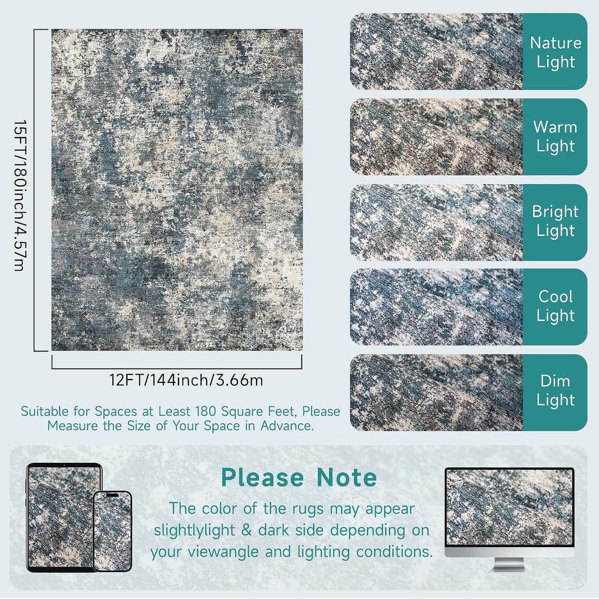 Area Rug 12x15 Living Room: Washable Low Pile Stain Resistant Indoor Carpet