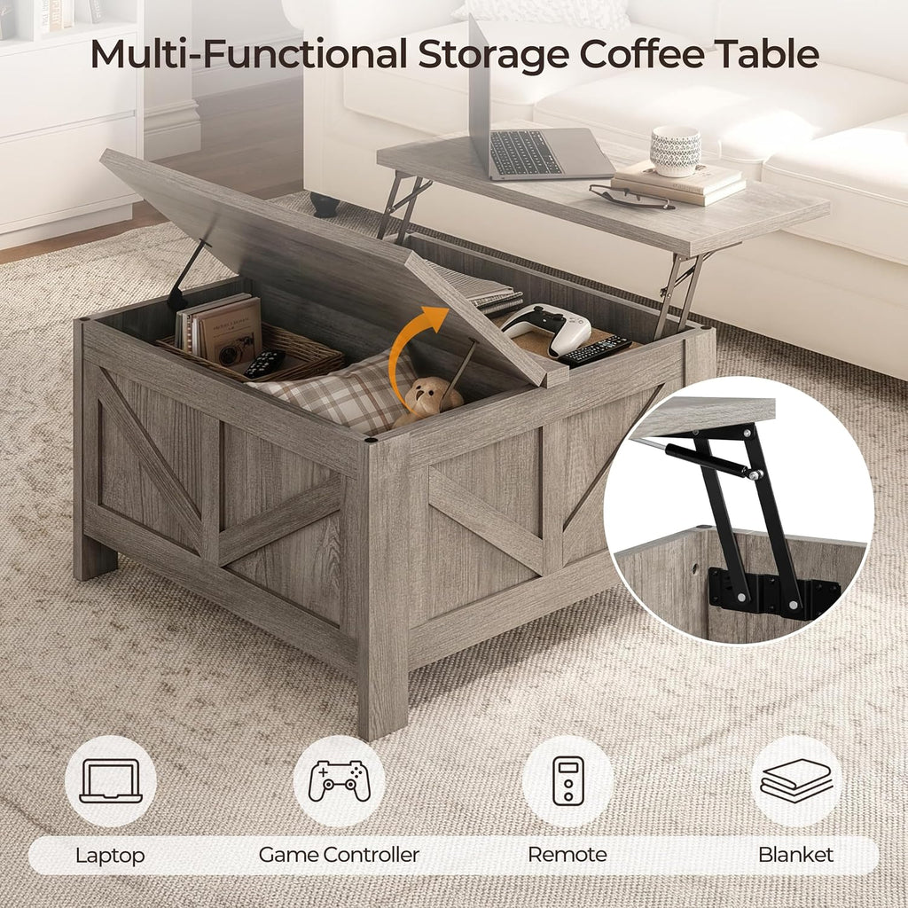Yaheetech 31.5" Farmhouse Lift Top Coffee Table with Hidden Storage, Gray