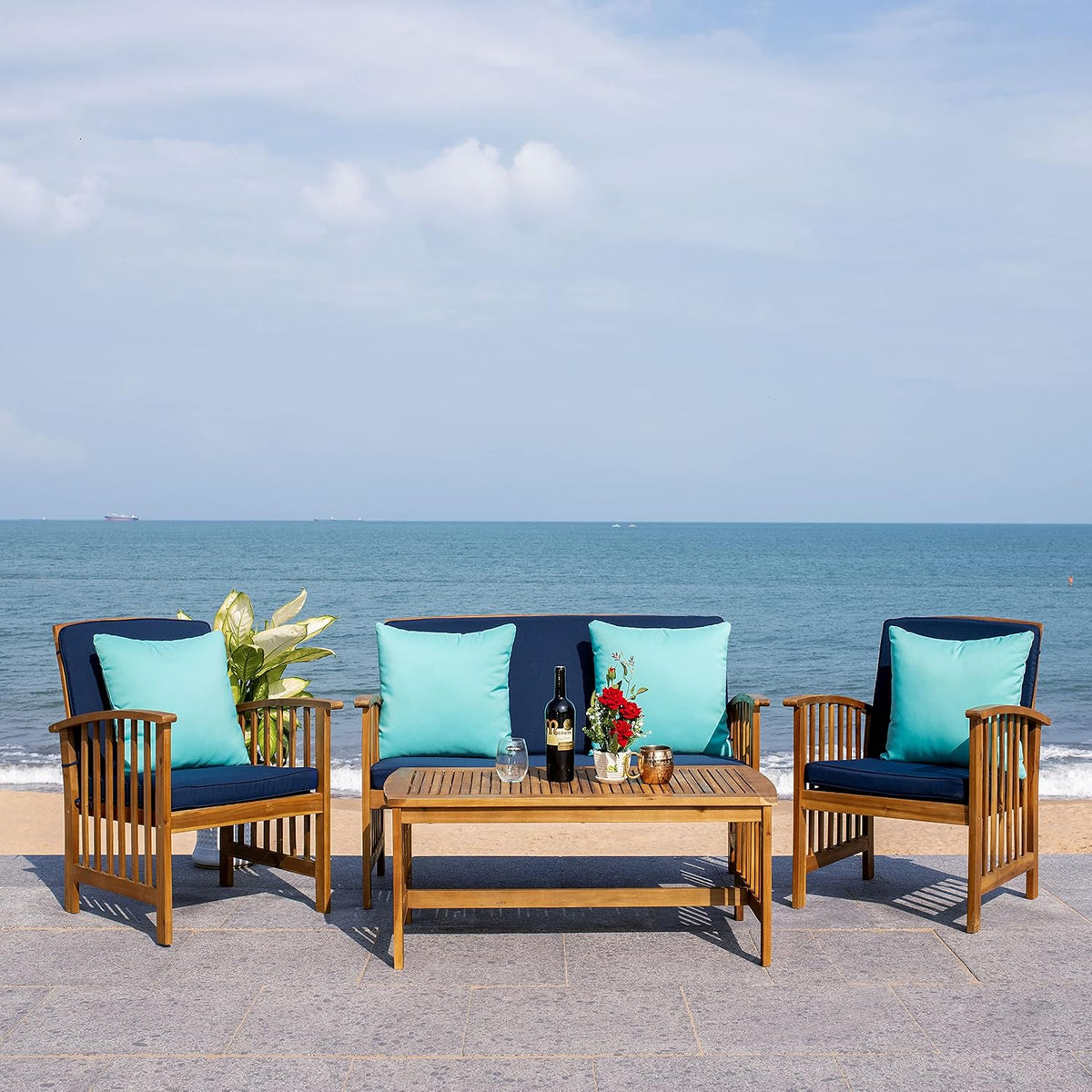 SAFAVIEH Outdoor Collection Rocklin Natural/ Navy Cushions/ Light Blue Pillows 4-Piece Conversation Patio Set