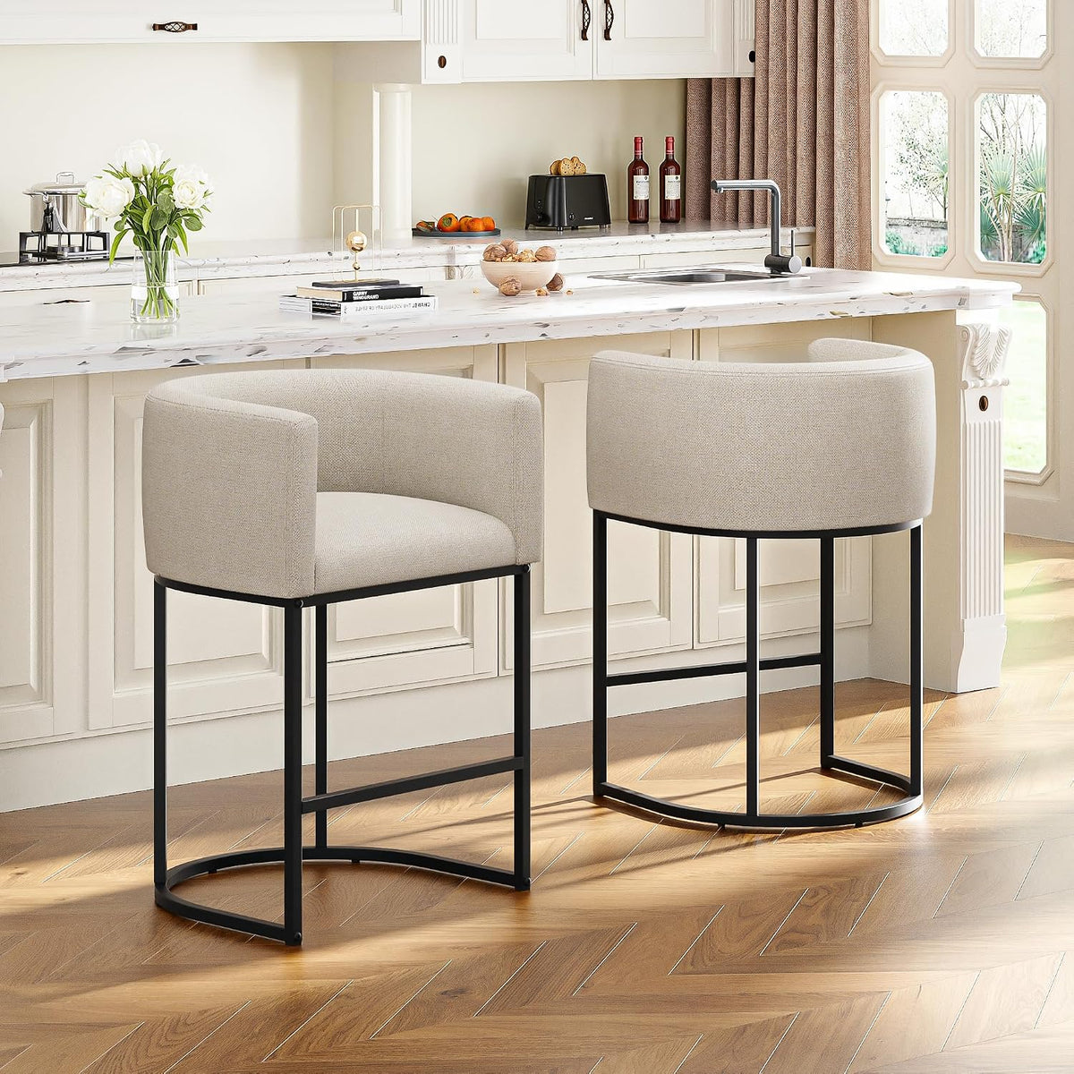 26" H Counter Height Bar Stools Set of 2, Modern Barrel Counter Stools with Backrest and Arms, Linen Fabric Upholstered Accent Barstools for Kitchen Island,Support 450 LBS (Beige)