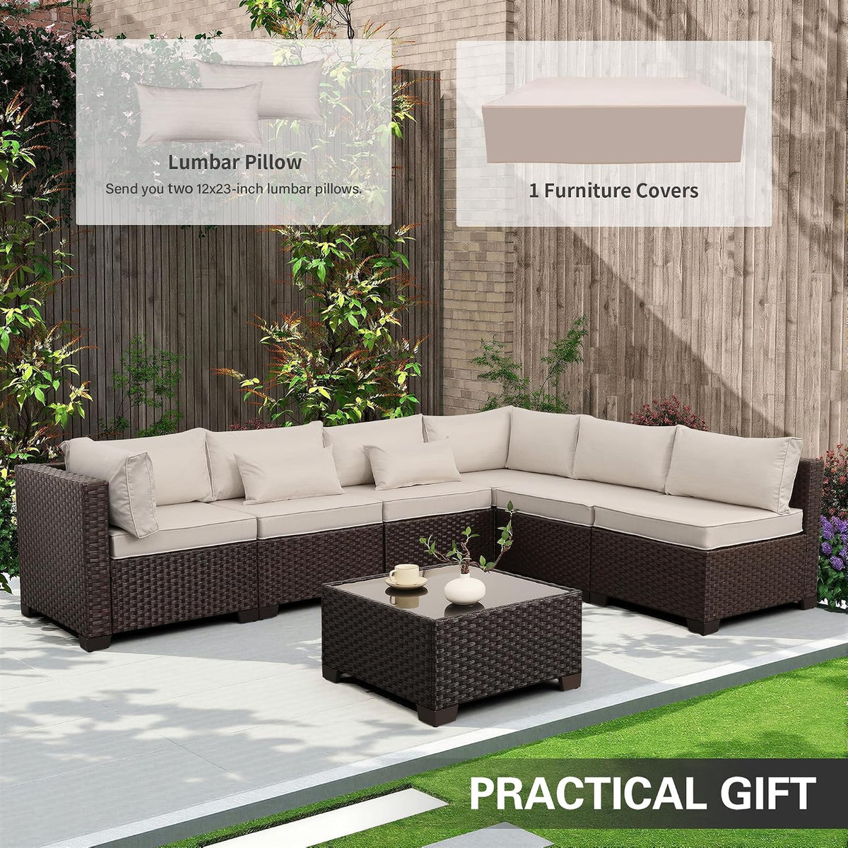 WAROOM Outdoor Patio Furniture Set 7 Pieces Wicker Sectional Sofa Brown Rattan Conversation Couch with Coffee Table, Anti-Slip Thick Beige Cushion