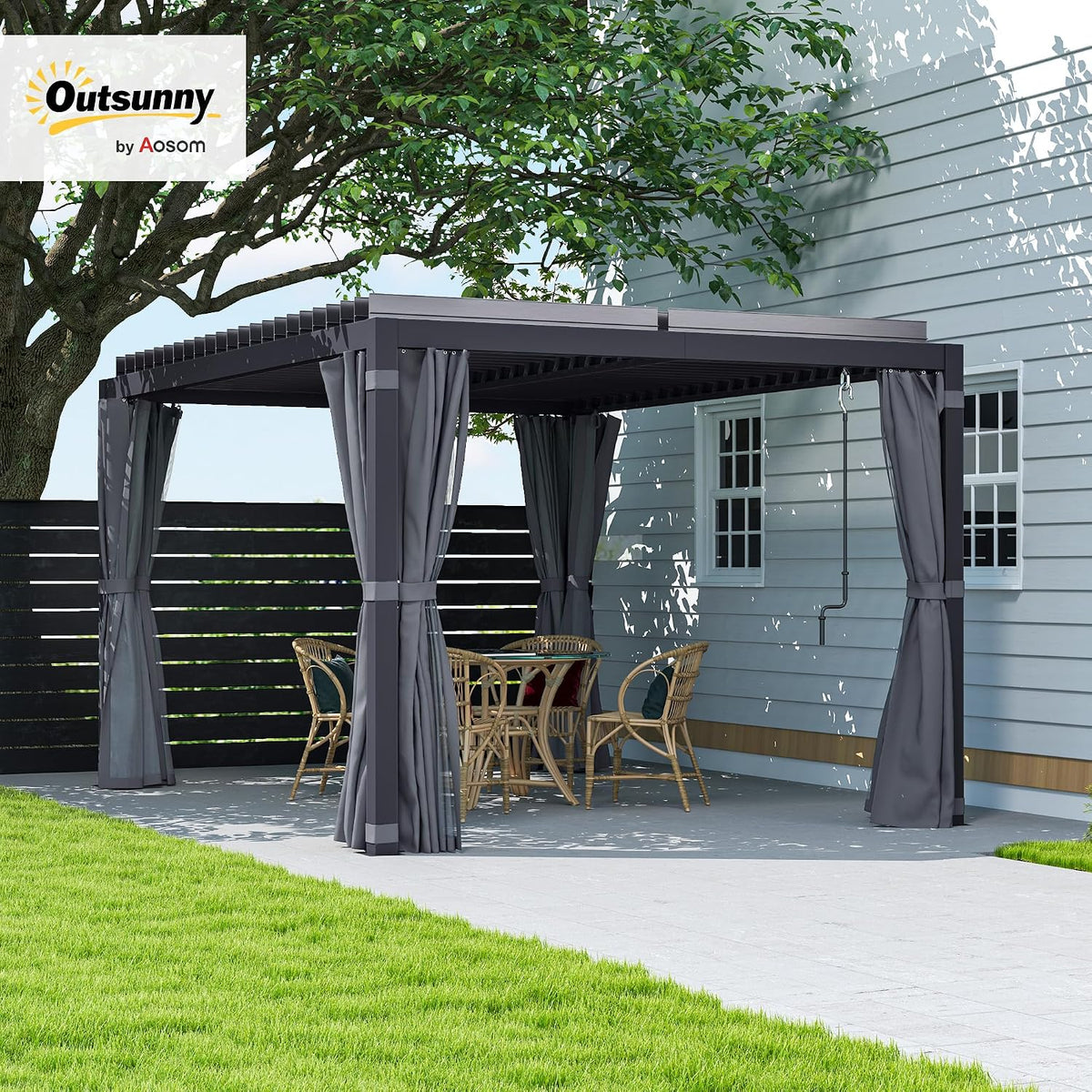 Outsunny 10 x 13 ft. Louvered Pergola Hardtop Gazebo w/Curtains Dark Gray